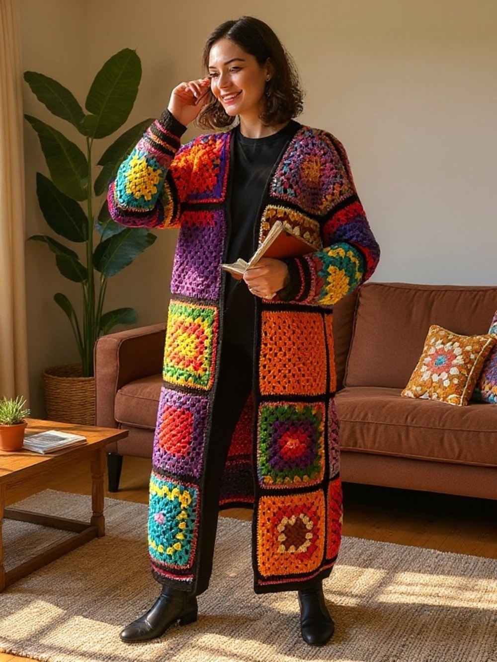 Boho Patchwork Crochet Long Cardigan Sweater - Multicolor